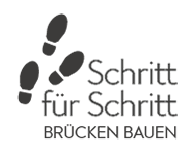 Das Logo des Projekts 'Schritt für Schritt - Brücken bauen' mit dem Namen und drei Schuhabdrücken daneben
