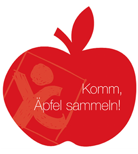 Ein roter, gezeichneter Apfel mit dem Slogan 'Komm, Äpfel sammeln!' und dem Logo der youngcaritas