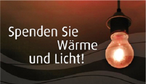 Banner der Aktion 'Spenden Sie Wärme und Licht!' des OCV Altena-Lüdenscheid mit dem Slogan und einer von der Decke hängenden Glühbirne