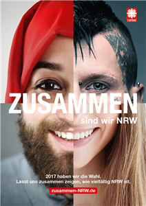 Plakat der Kampagne 'Zusammenhalten für NRW' des DiCV Köln. Darauf abgebildet sind vier Teile unterschiedlicher Gesichter (zwei Frauen und zwei Männer), die zusammen ein Gesicht ergeben.