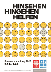 Plakat zur Sommersammlung 2017 mit dem Motto 'Hinsehen, Hingehen, Helfen' und vielen nebeneinader aufgereihten Smilies