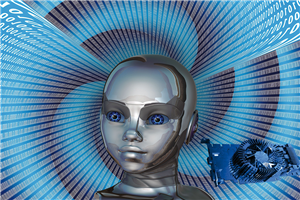 Der Kopf eines menschenähnlichen Roboters mit einem bläulich-türkisen Strudel von Binärcodes. Neben dem Kopf ist die Hardwarekoponente eines Computers zu sehen.