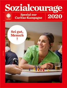 Cover der Sozialcourage Spezial zur Caritas-Kampagne 2020 mit dem Kampagnenmotiv aus der Altenpflege