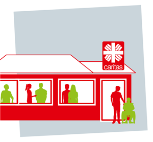 Eine Grafik auf der ein rotes Haus mit Caritas-Logo und einige rote und grüne Menschen, die durch die Fenster und vor der Tür zu sehen sind