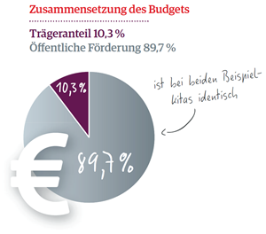 Ein Schaubild, in dem ein Tortendiagramm mit den Anteilen der Träger (10,3 %) und der Öffentlichen Hand (89,7 %) am Gesamtbudget und ein Eurozeichen dargestellt wird