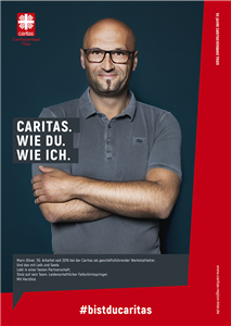 Plakat der Kampagne des OCV Trier 'Caritas. Wie du. Wie ich' mit dem Hashtag #bistducaritas und einem Porträt von Marc-Oliver