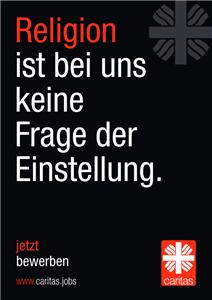 Ein Plakat der Kampagne zur Mitarbeiterwerbung des DiCV Osnabrückmit dem Satz 'Religion ist uns keine Frage der Einstellung'