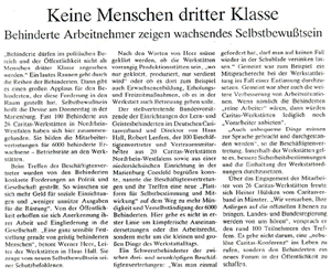 Der Screenshot eines Beitrags der Zeitschrift 'Kirche+Leben' (Nr. 36, Bistum Münster) vom 9. September 1990 zu den Caritas-Werkstatträten in NRW und Niedersachsen