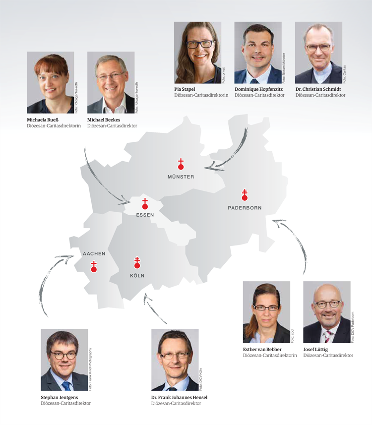 Eine NRW-Karte mit den Porträts der fünf Diözesan-Caritasdirektor/innen in NRW