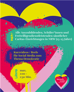 Bunte Kachel zu Azubi-Video-Wettbewerb 'Mensch Caritas! Lebe Freiheit!', mit den Regeln wie sie auch im Text stehen