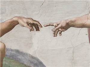 Ausschnitt aus dem Gemälde 'Die Erschaffung Adams' von Michelangelo mit den Händen Adams und Gottes