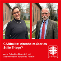 Vorschaubild der Episode 001 der Mini-Serie "Altenheim-Storie" des Podcasts "CARItalks" mit den Porträts von Anne Eckert und Johannes Tepaße
