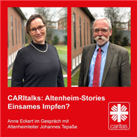 Vorschaubild der Episode 002 der Mini-Serie 'Altenheim-Stories' des Podcasts 'CARItalks' mit den Porträts von Anne Eckert und Johannes Tepaße