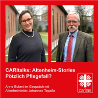 Vorschaubild der Episode 003 der Mini-Serie 'Altenheim-Stories' des Podcasts 'CARItalks' mit den Porträts von Anne Eckert und Johannes Tepaße