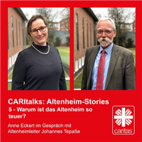 Vorschaubild der Episode 005 der Mini-Serie 'Altenheim-Stories' des Podcasts 'CARItalks' mit den Porträts von Anne Eckert und Johannes Tepaße