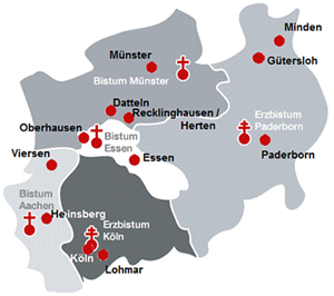 NRW-Karte mit den teilnehmenden Verbänden des NRW-Projekts 'Phase L'