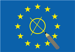 Eine Europaflagge auf dessen Mitte ein gelbes Wahlkreuz zu sehen ist. Daneben ist ein grauer Bleistift abgebildet.