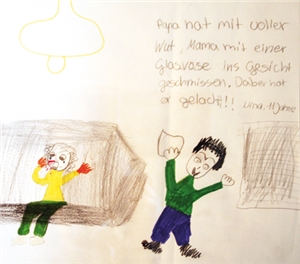 Eine Zeichnung eines Kindes aus dem Frauenhaus über eine selbst erlebte Szene. Es beschreibt in einem Text wie ihr Vater ihrer Mutter eine Glasvase ins Gesicht schmiss und dabei lachte.