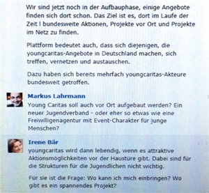 Ein Screenshot aus dem Facebook-Chat während des Interviews zwischen Markus Lahrmann (Caritas in NRW) und Irene Bär