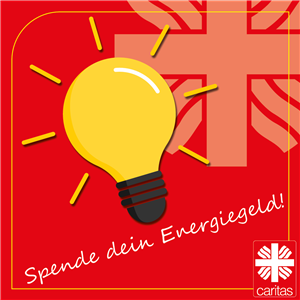 Grafik mit einer Glühlampe, Caritas-Logo und Schriftzug "Spende dein Energiegeld".