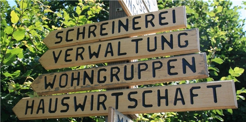 Schilder die zu verschiedenen Bereichen des Schloss Bellinghoven weisen