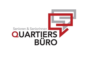 Logo der Quartiersbüros Oberhausen mit zwei eckigen Sprachblasen in grau und dunkelrot und den Schriftzügen "Senioren & Seniorinnen Quartiersbüro"