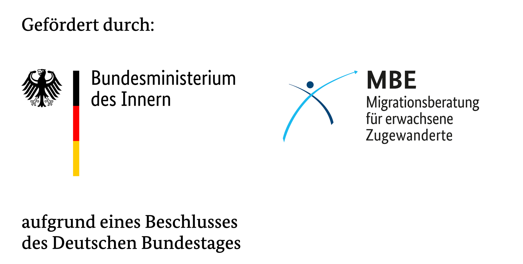 Logo des Bundesministeriums des Innern und Programmmarke Migrationsberatung für erwachsene Zugewanderte (MBE)