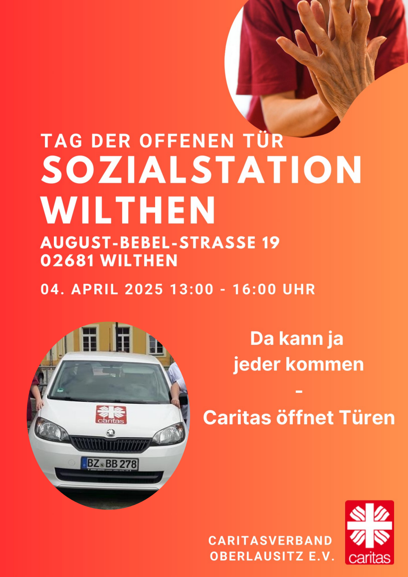 Flyer für den Tag der offenen Tür der Sozialstation Wilthen am 4. April 2025 von 13 bis 16 Uhr