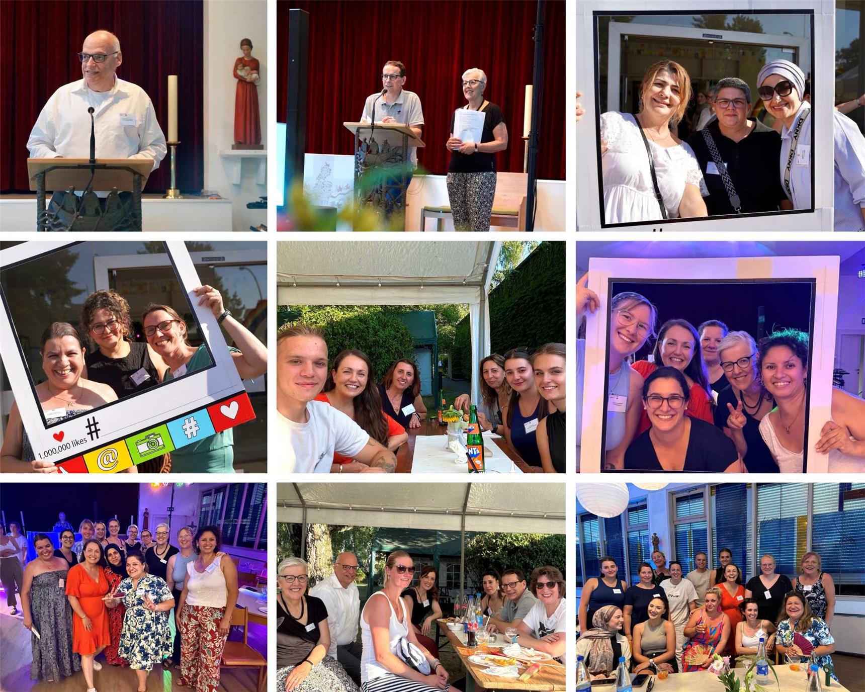 Collage mit neun Fotos mit Schnappschüssen von einem sommerlichen Betriebsfest. Viele Gruppenfotos.