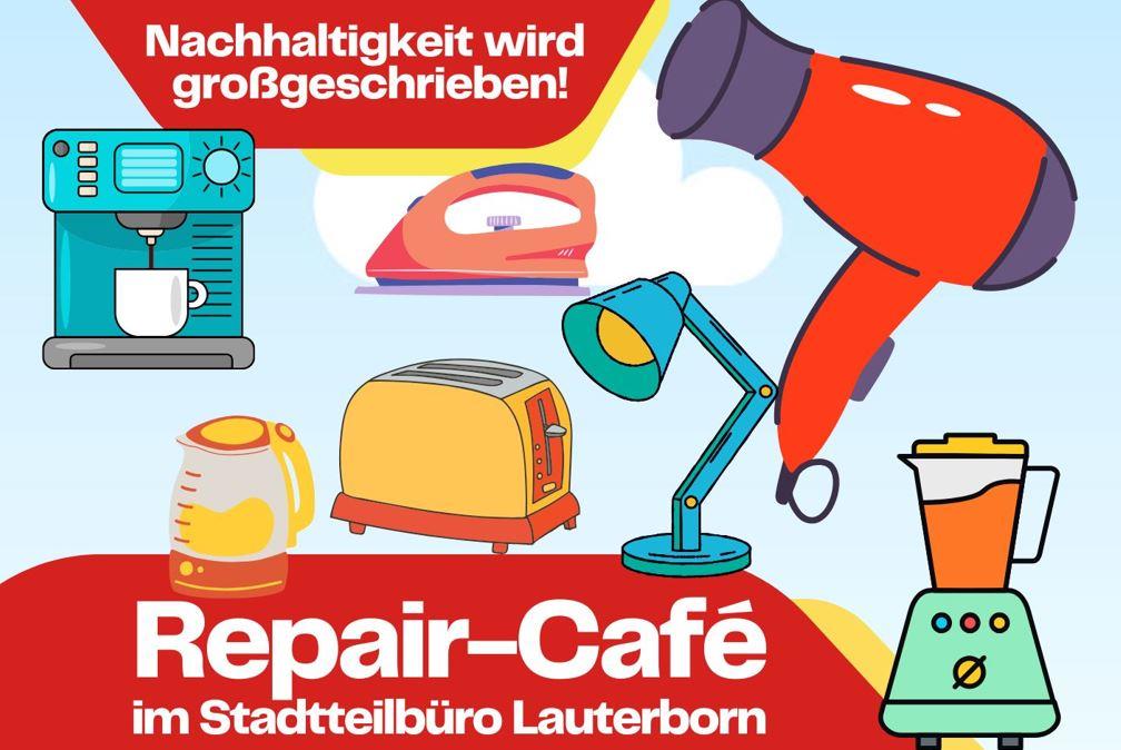 Bunte Grafik, die, stilisiert dargestellt, verschiedene elektrisch betriebene Haushaltsgeräte zeigt wie Fön, Lampe, Bügeleisen. Dazu zwei Schriftzüge, weiß vor rotem Hintergrund: 
