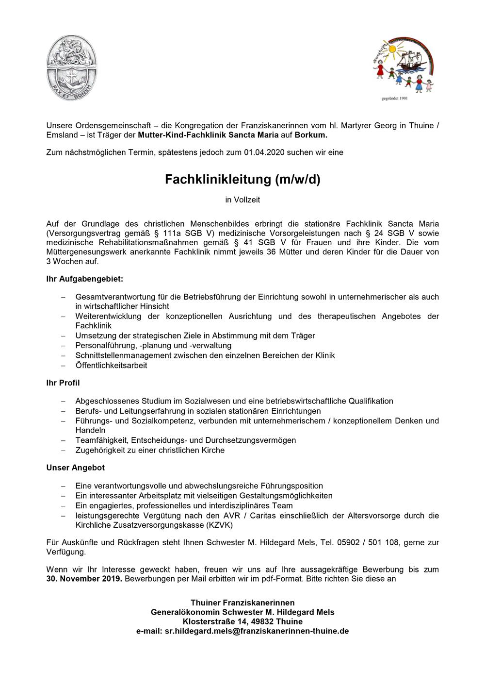 Stelle Borkum Fachklinikleitung MuK