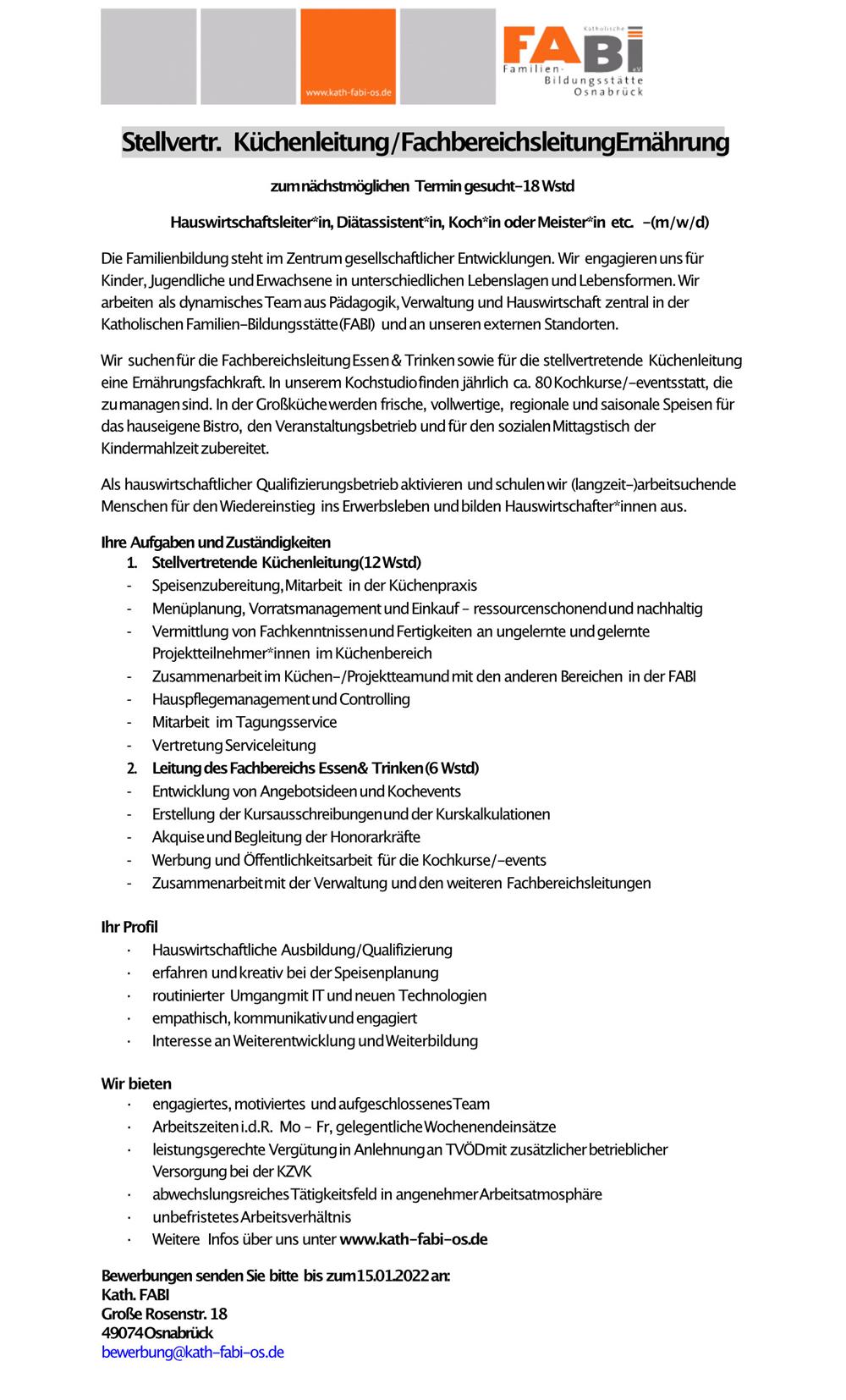 Stelle Fabi stellv. Küchenleitung
