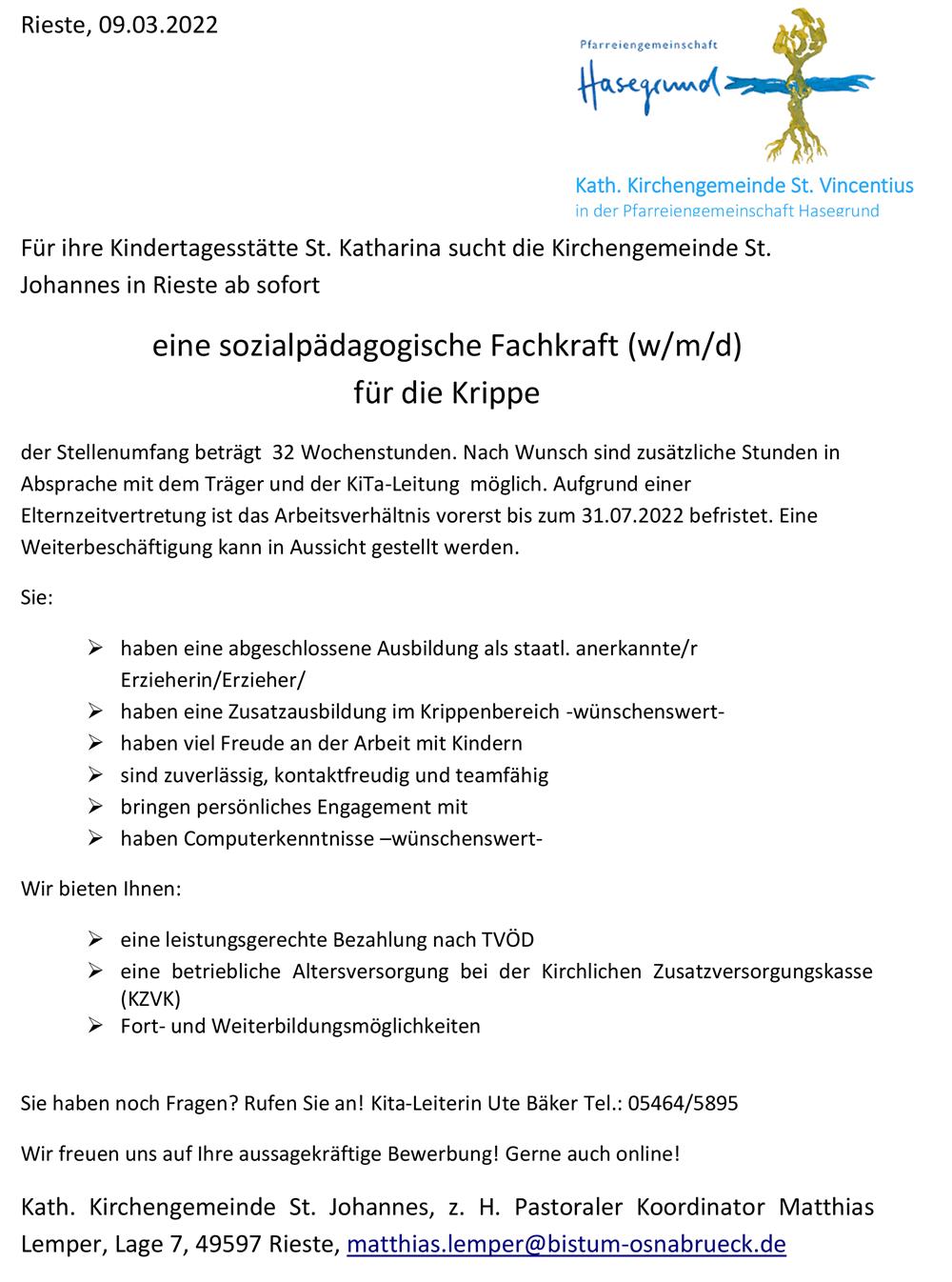 Stelle Fachkraft Krippe Hasegrund