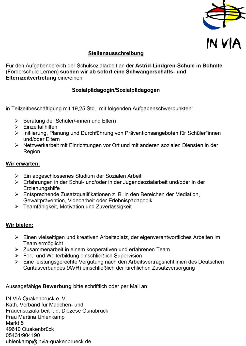 Stelle Schulsozialarbeit InVia Bohmte