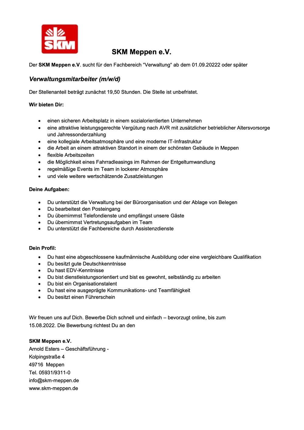 Stellen - 007 - 2022-08-01 SKM Meppen - Verwaltungsmitarbeiter-in