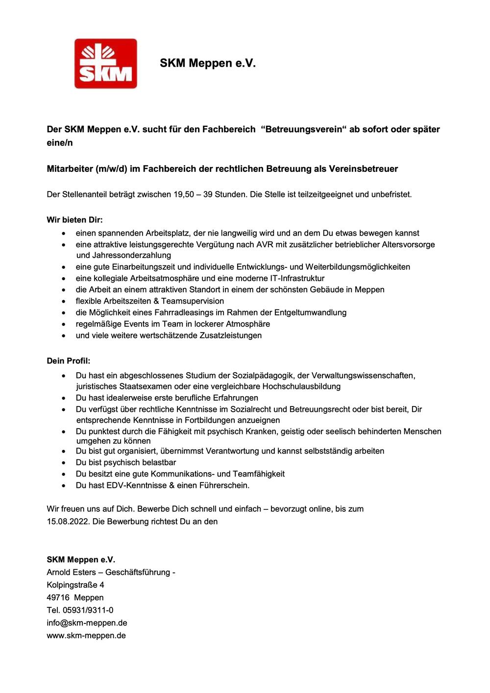 Stellen - 009 - 2022-08-01 SKM Meppen - recht. Betreuung als Vereinsbetreuer
