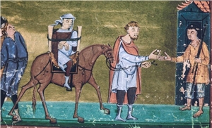 Reichenauer Evangelistar: Miniatur zum Gleichnis vom barmherzigen Samariter, Reichenau, um 1020, Ausschnitt.
