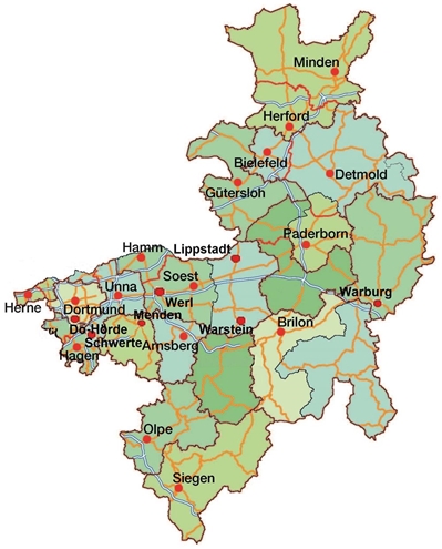 Karte Erzbistum Paderborn mit Geschäftsstellen der SkF 