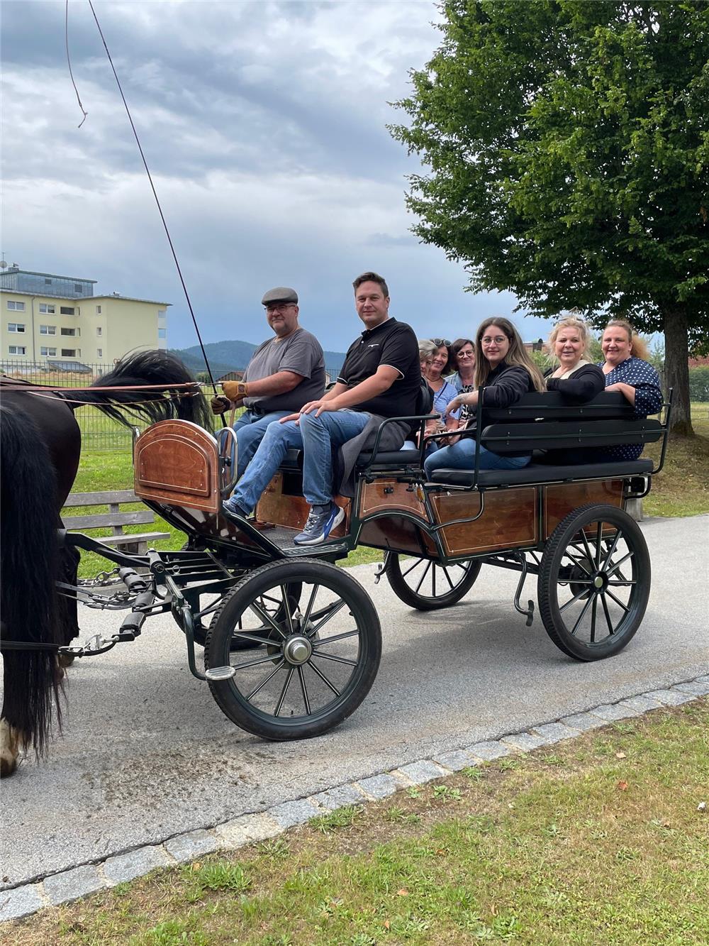 Mehrere Personen sitzen auf einer Kutsche und lachen in die Kamera. Sie befinden sich auf einer Straße in einer ländlichen Gegend.