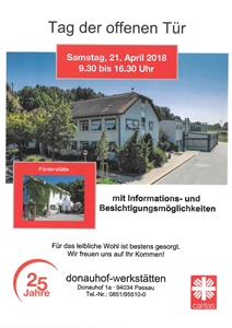 HERZLICHE EINLADUNG zum Tag der offenen Tür Plakat zum Tag der offenen Tür in den donauhof-werkstätten