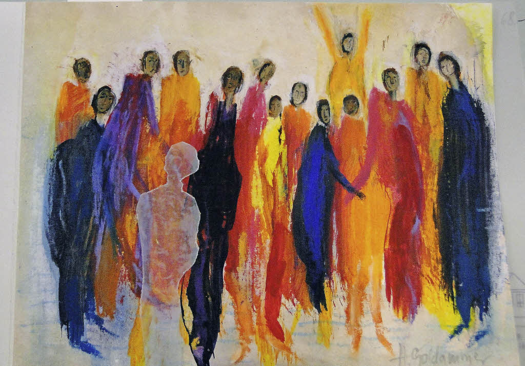 Abstraktes Gemälde mit einer Gruppe stilisierter Figuren in leuchtenden Farben wie Orange, Blau, Rot und Violett. Eine transparente, fast geisterhafte Figur steht im Vordergrund und scheint vom Rest der Gruppe getrennt.