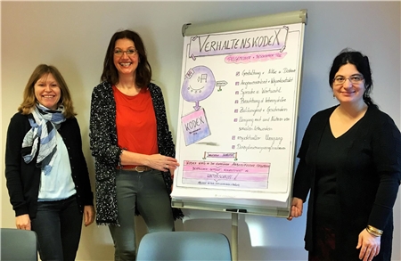 Kita-Schutzkonzept Im Bild von links: Andrea Irouschek (Fachberatung), Andrea Kramer (Präventionsbeauftragte) und Birgit Zachariae (Fachbereichsleiterin für Kita-Pädagogik und Qualität)