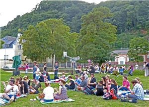 Viele Menschen sitzen in Gruppen auf einer Wiese; im Hintergrund ein Basketballplatz, mehrere Gebäude und Bäume.