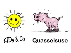 Logos Kindergruppen gelbe Sonne mit krummen Strahlen und gezeichnetes Schweinchen