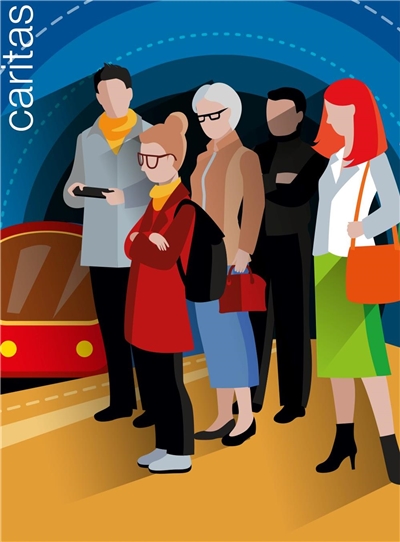 Titelbild Charta 28 - Wohin geht die Reise? gezeichnete Menschen unterschiedlichen Alters und Aussehen stehen an einer U-Bahn-Haltestelle