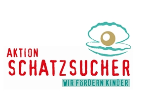 Das Logo der Aktion Schatzsucher. Eine Muschel mit einer Perle drinnen und dem Schritzug "Aktion Schatzsucher - wir fördern Kinder"