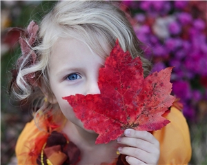 ein Mädchen hält ein rotes Ahornblatt vor das Gesicht