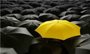 ein gelber aufgespannter Regenschirm inmitten von schwarzen Regenschirmen