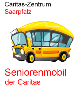 Ein kleiner gelber Omnibus - gezeichnet wie in einem Comic mit rundem Dach und schrägen Fenstern. Seniorenmobil im Mandelbachtal