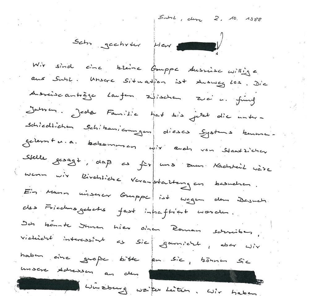 Brief von Ausreisewilligen an die deutsche Caritas 1988